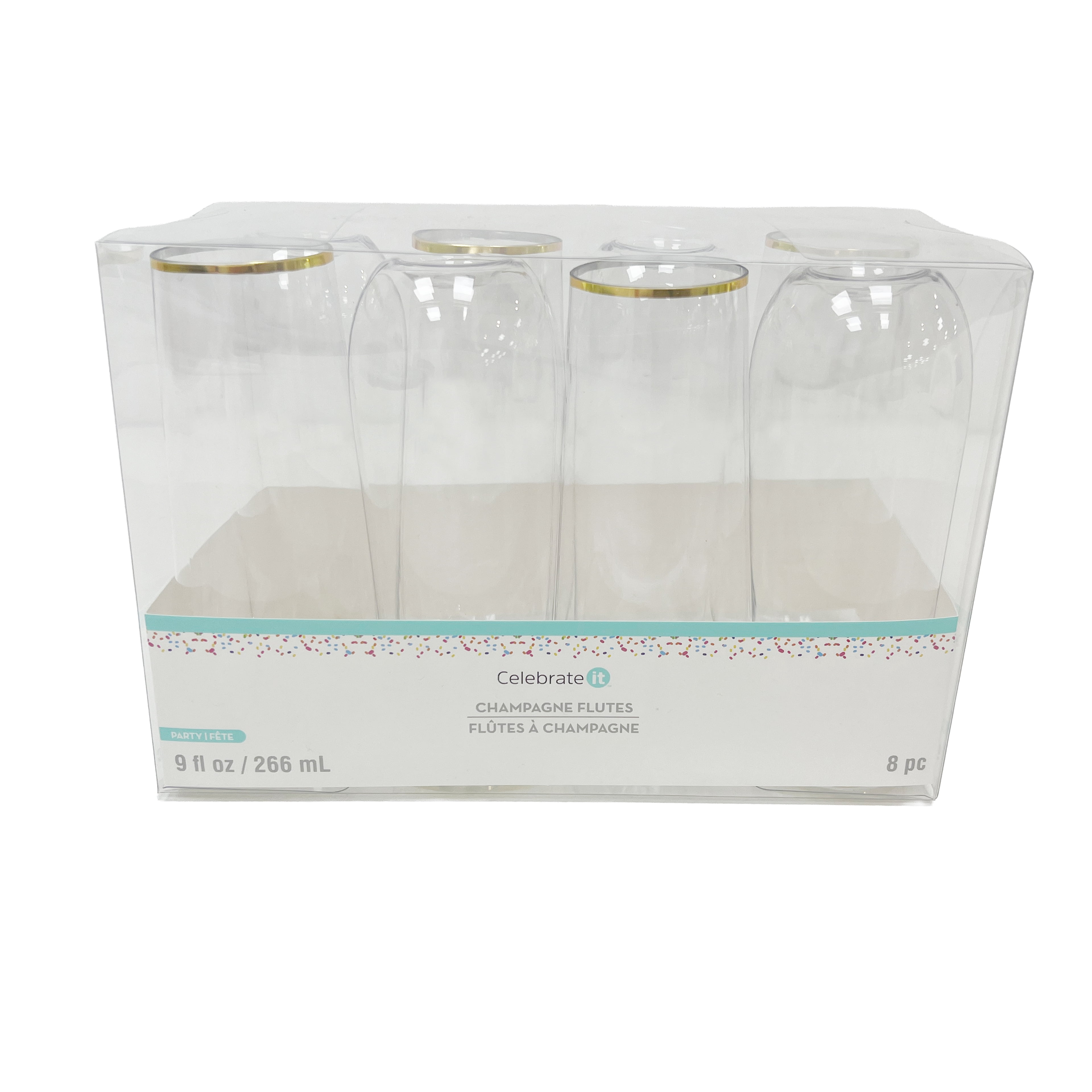 Celebrate It Stemless Champagne Flutes, Shatterproof Plastic with Gold Rim, Clear/Gold, 9 fl. oz., 6 Pack (48 Total)