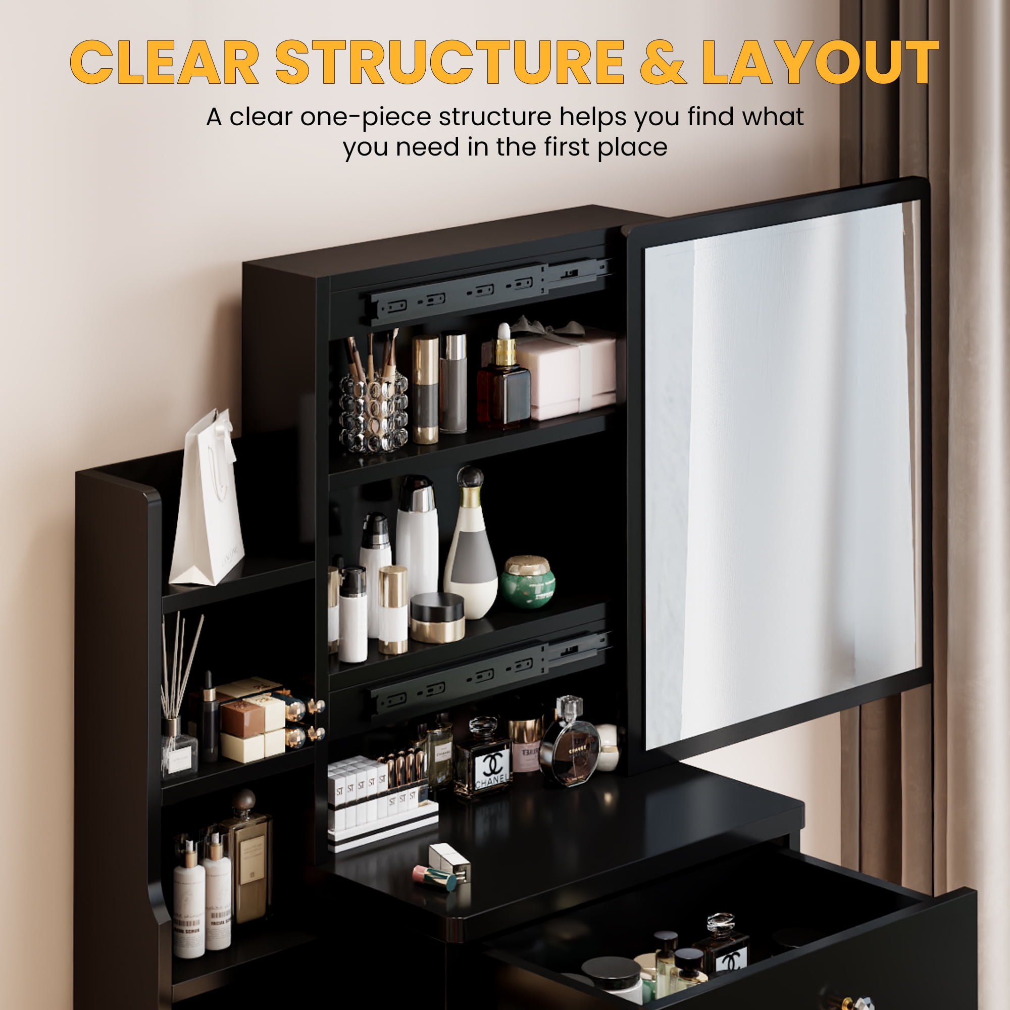 Aukfa Girls Functional Soft-Close Drawer Mirror Table Set Black-A