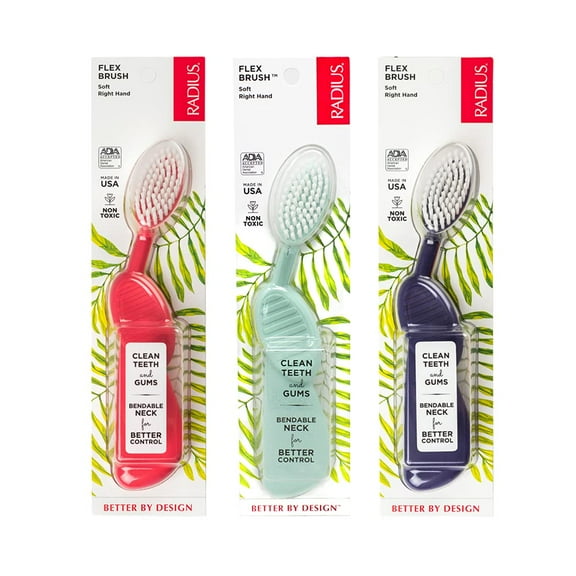 RADIUS Flex Brush BPA Free & ADA Accepted Toothbrush Designed to Improve Gum Health & Reduce Gum Issues - Right Hand - Purple/Watermelon/Mint Green - Pack of 3