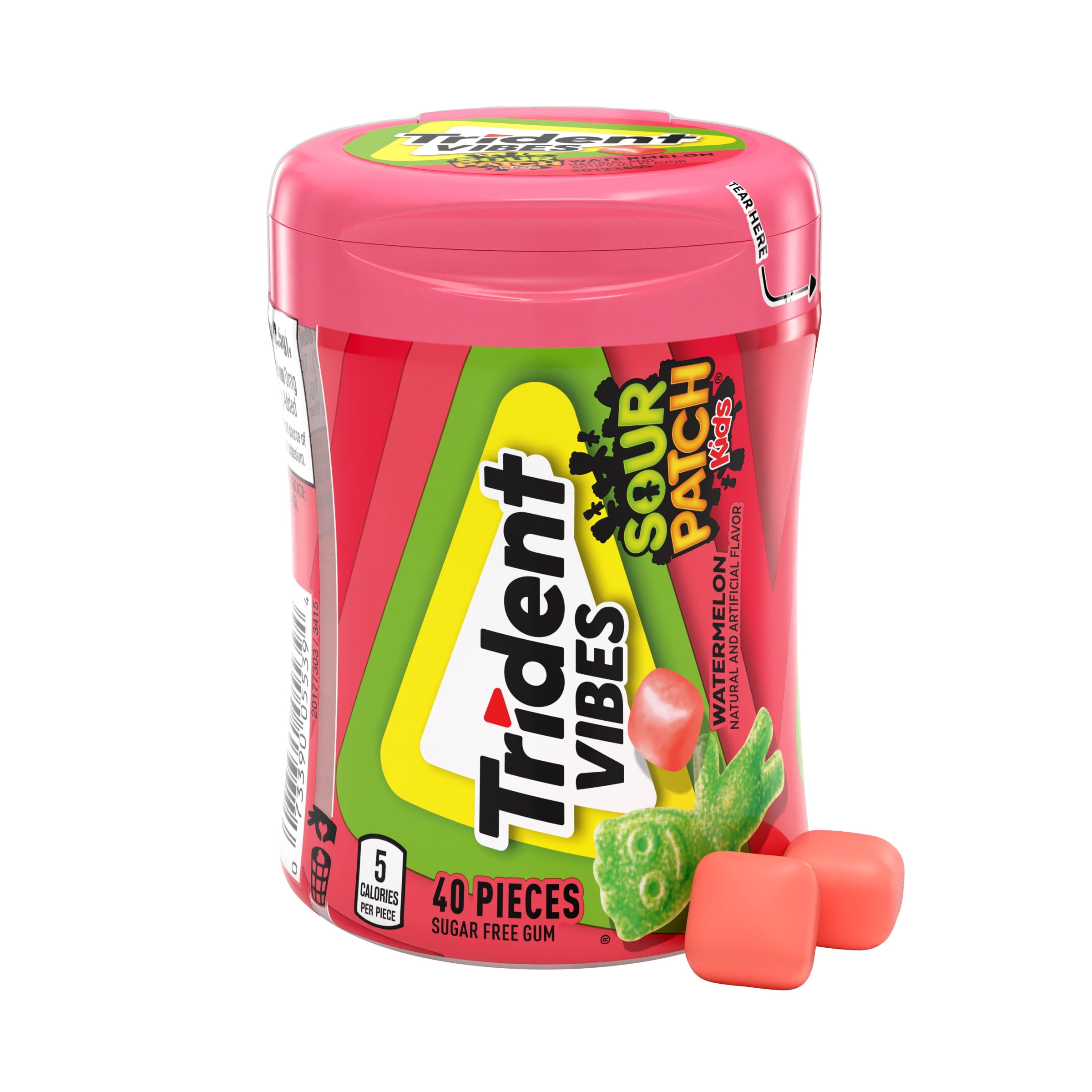 Trident Vibes Sour Patch Kids Sugar Free Gum, Watermelon, Regular Size, 40 Piece Bottle