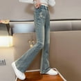 thumbnail image 5 of UQJfacai Girls Flare Jeans Teen Bell Bottom Denim Pants Kids Flared Cute Bootcut High Elastic Waist Trousers with Pockets 5-15 Years, 5 of 9