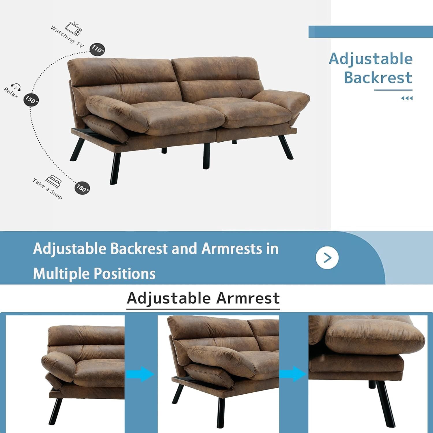 AENKYO Futon Loveseat Sofa Bed 2-Seater, Adjustable Backrest Convertible Sleeper - Brown