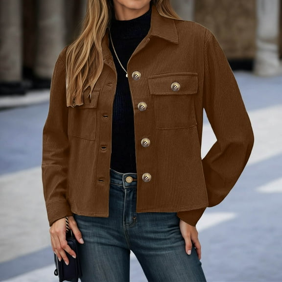 Fashion Jackets for Women Cropped Shackets Button-up Corduroy Jackets with Double Chest Pockets Fall Winter Outfits (Brown XL)