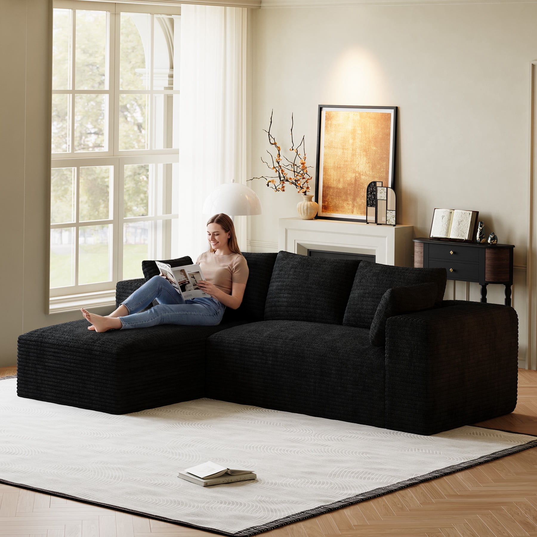 Wiilayok 107" Cloud Sectional Couch with L-Shape Chaise,Modern Modular Sofa with Deep Seat, Comfy Boneless Upholstered Couches for Living Room Bedroom,Black