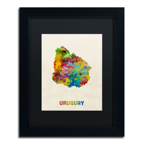 Trademark Fine Art "Uruguay Watercolor Map" Canvas Art by Michael Tompsett Black Matte, Black Frame