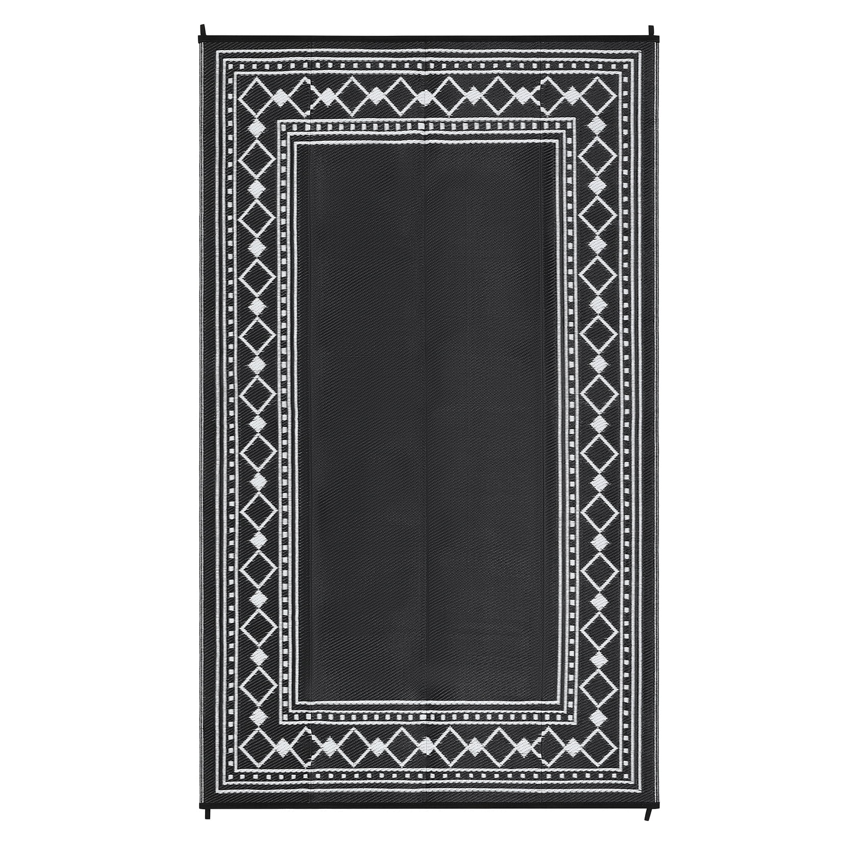 GlowSol 9'x18' Outdoor Rug Modern Bordered Plastic Straw Rug Waterproof Reversible Mat Outdoor Foldable Rug for Camping Patio Picnic, Black White