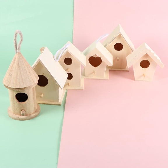 FONDOTIN Miniature Wood Houses For Crafts Diy Unfinished Wooden Birdcage Wood Color 6 Pcs