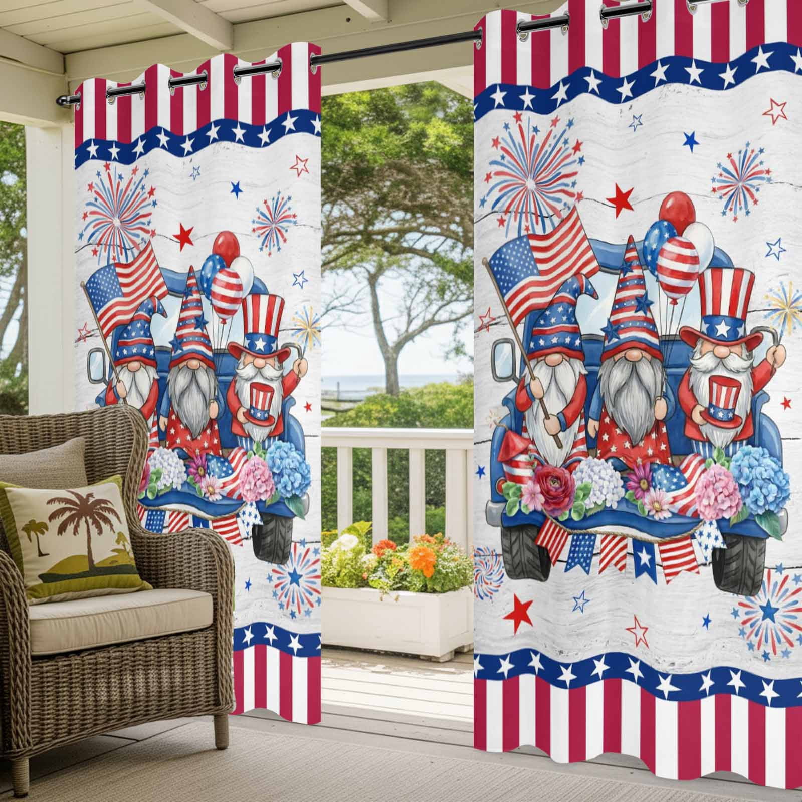 US Anniversary Outdoor Curtains for Patio, Independence Day Gnomes Blue Truck Board Sunshade Privacy Drapes Grommet Waterproof Outside Curtains for Porch/Cabana/Balcony 54"x 108", 1 Panel