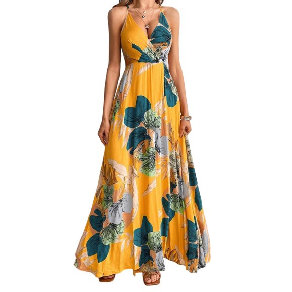 Aellinatey Women's long dress, Bohemian chiffon floral print V-neck long dress
