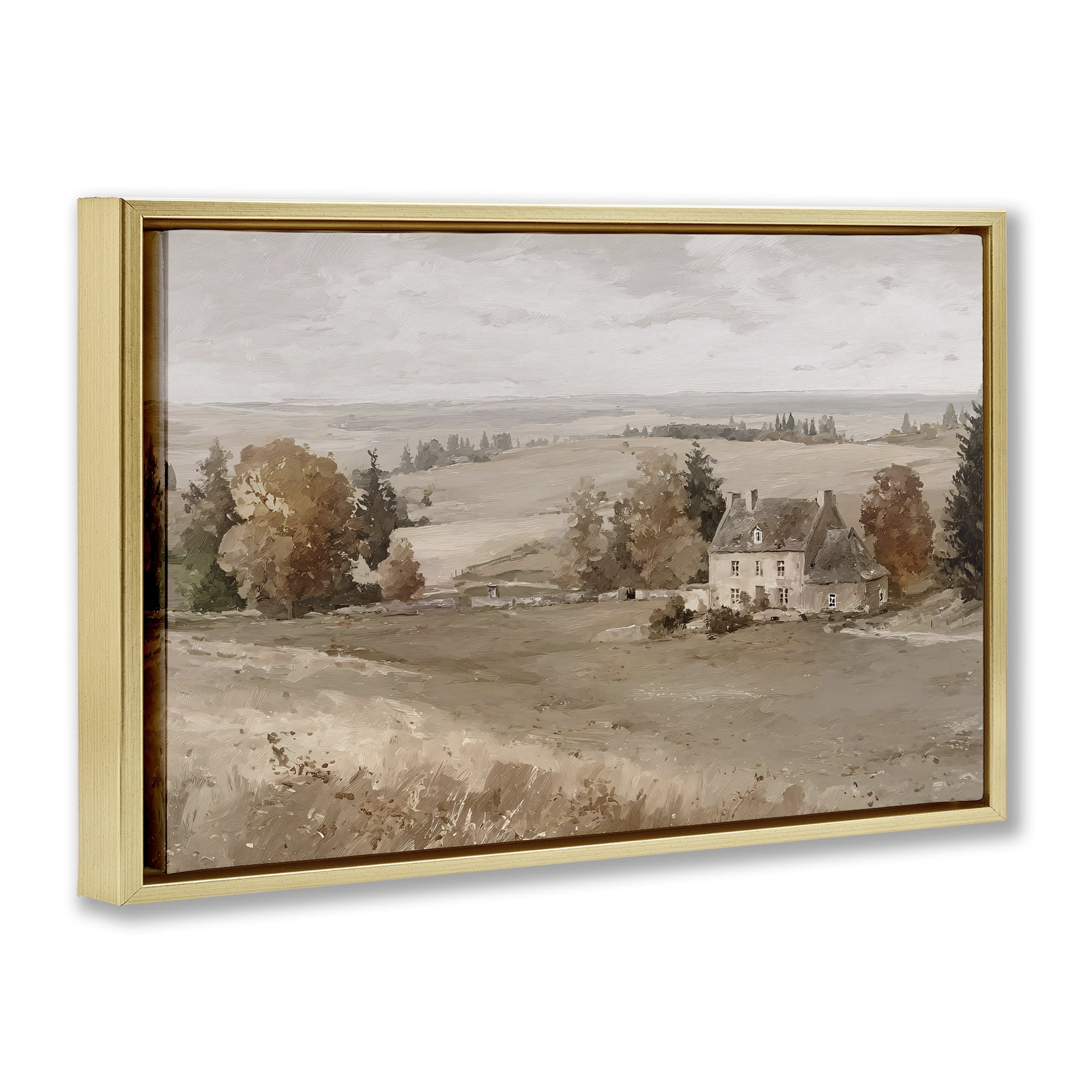 Stupell Industries Quaint Cottage in Countryside Gold Framed Floater Canvas Wall Art, design by Jacky Ngan