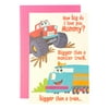 Mother's Day Greeting Card - How big do I love you, Mommy? Bigger than a monster truck, bigger than a train..., with monster and train trucks