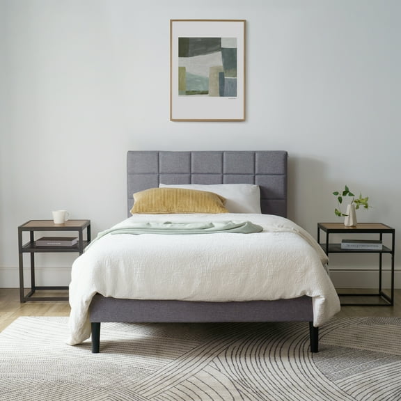 Mainstays Gray Upholstered Square Tufted Platform Bed, No Box Spring Needed, Twin