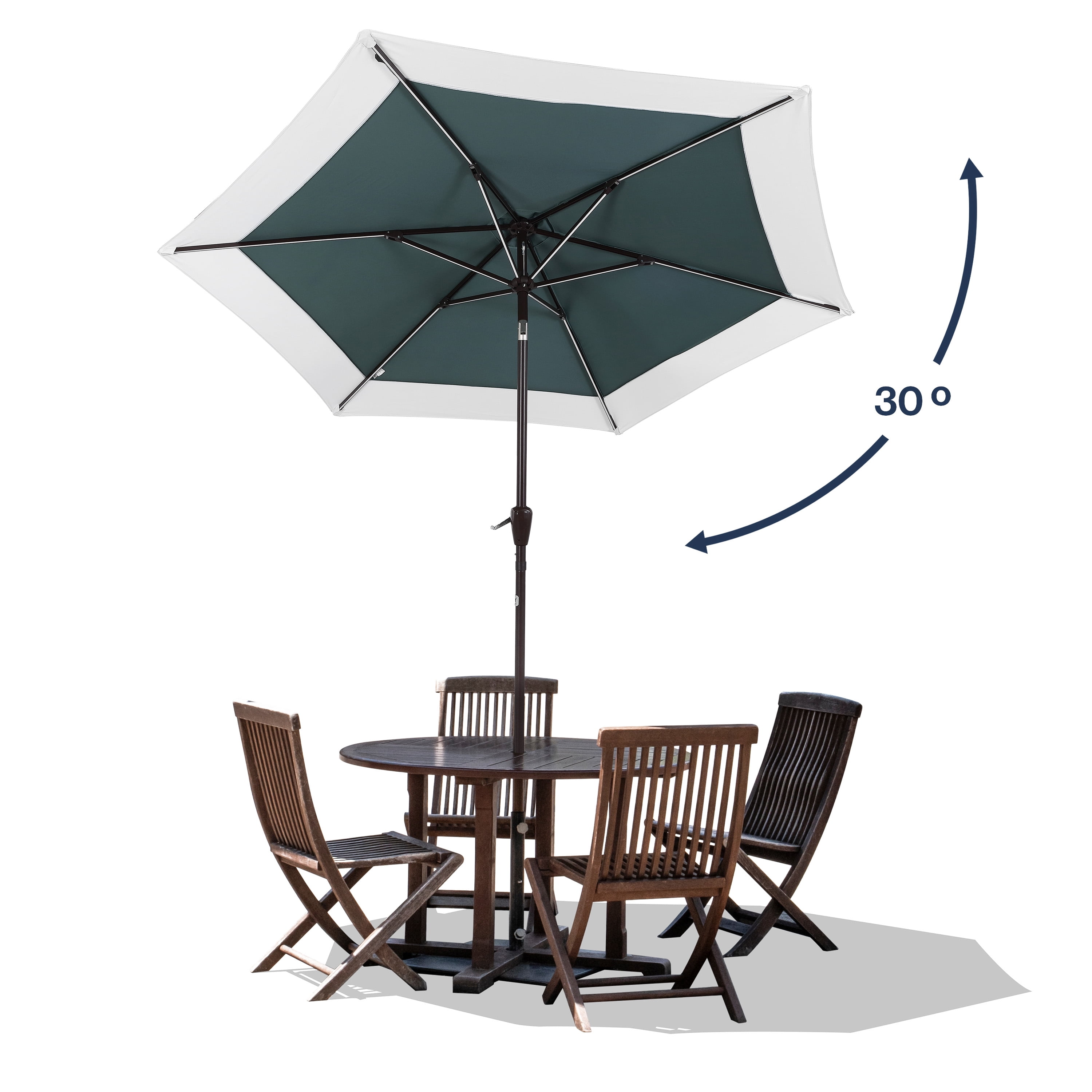 JONATHAN Y Spencer 9 ft. Solar LED Market Patio Umbrella, Classic Coastal 2-Tone, with 12 LED Strip Lights, Auto-Tilt, Crank and UV Protection, Green/White