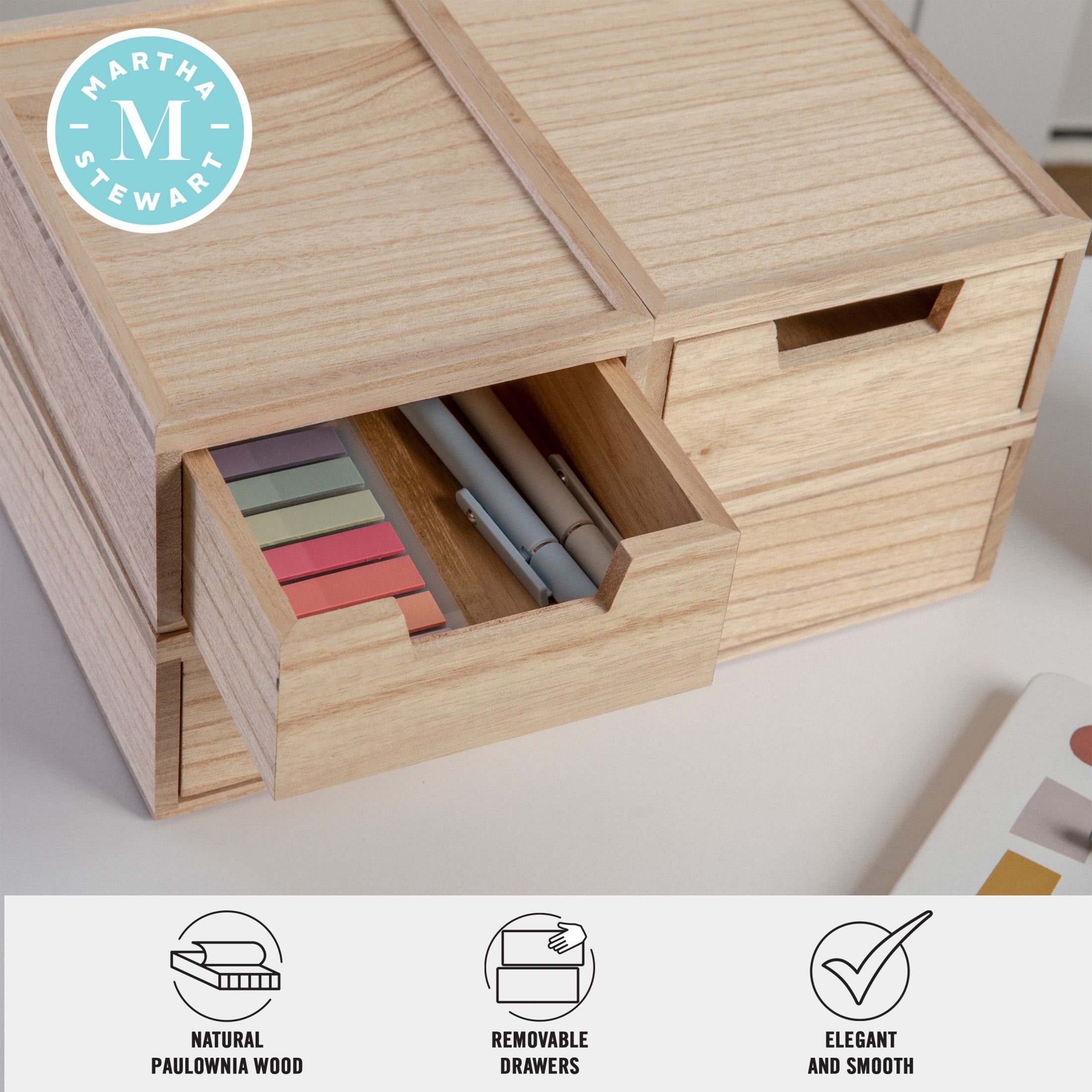 Martha Stewart Weston Stackable Light Natural Paulownia Wood Boxes with Drawers, Office Desktop Organizers, Set of 3