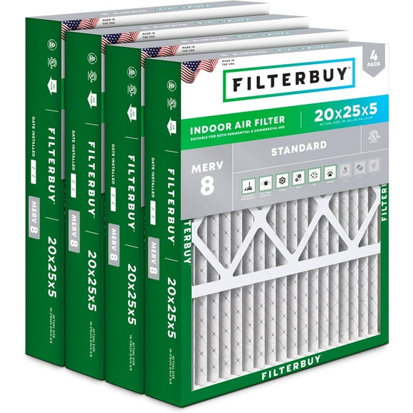 Filterbuy 20x25x5 MERV 8 (MPR 600) Dust Defense, Pleated HVAC AC Furnace Air Filters for Honeywell FC100A1037, Lennox X6673, Carrier, & More (4-Pack)