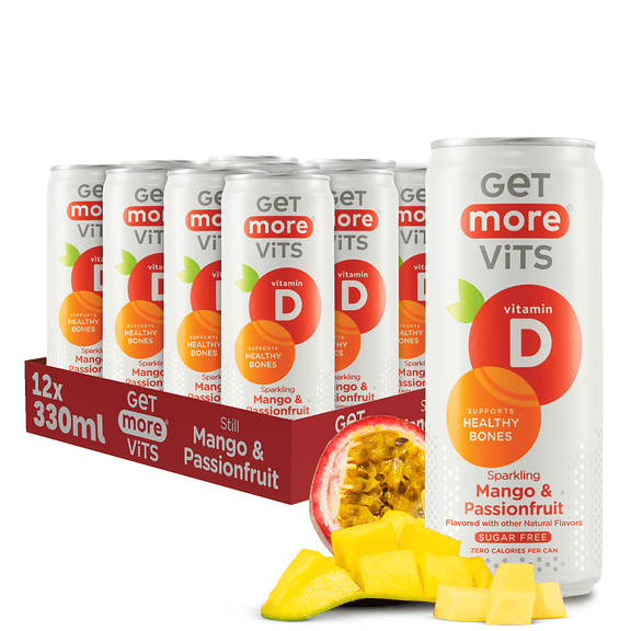 Get More Vits Sparkling Mango & Passionfruit – Vitamin D (12-Pack Case) – Zero Sugar, Low Calorie, Functional Fruit Drink