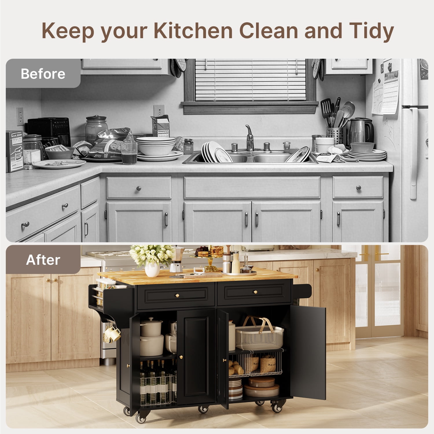 Noelse Rolling Kitchen Island Table with Storage, Drop Leaf Countertop, Kitchen Island with Rubber Wood Top, Cabinets & Rack, Black