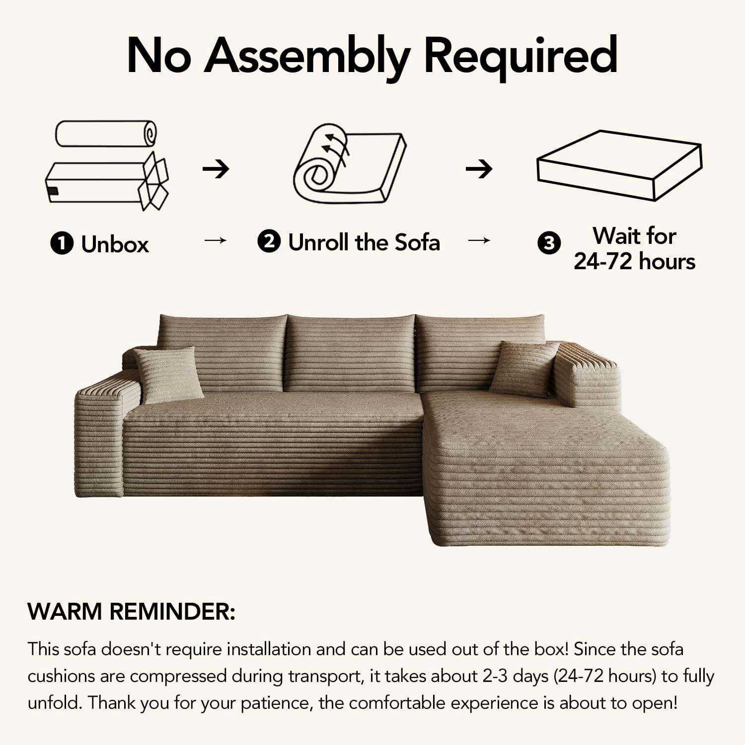 103" Cloud Sectional Sofa, Modern L Shaped Deep Seat Couch, Plush Corduroy Upholstered Sofa No Assembly, Living Room