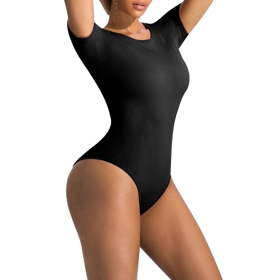 Athlemo Form-Fitting Ribbed Bodysuit for Women, Short Sleeve Crew Neck Top
