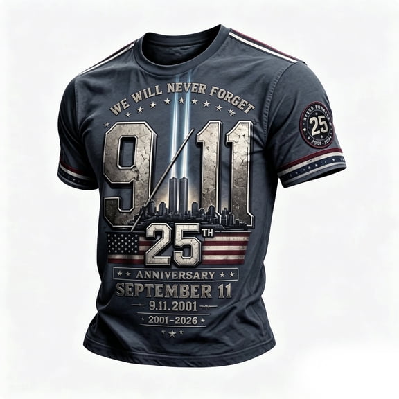 Navy Blue Never Forget 9/11 25th Anniversary Memorial Shirt – Patriotic Tee with Flying Plane, Twin Towers & USA Flag Design Black L
