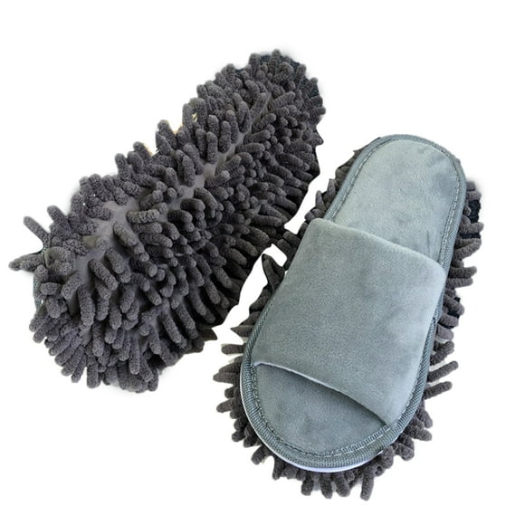 Factory Stock Chenille Mop Slippers - Open-Toe Lazy Floor Cleaning Shoes (Solid Gray) | 6mm Strong Hook & Loop Fastener | Detachable 2-in-1 Design | Absorbent & Durable | Medium Size Fits US 8-11 (EU