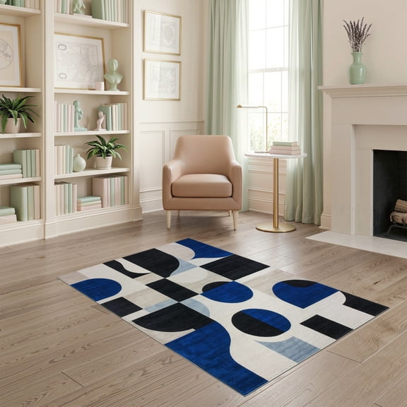 ODIKA Navy Abstract Large Brushstroke Asymmetric Blocks Pile Interlocking for Home Office, Gaming Room, Under Desk, Non-Slip Chair-Friendly