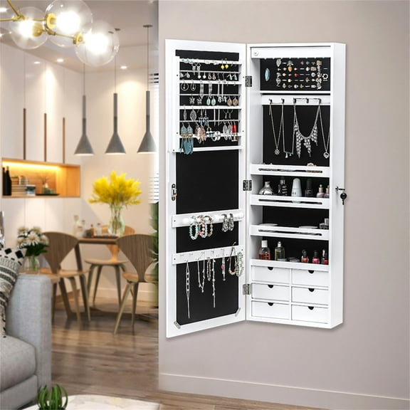 Topcobe Non Full Mirror Wooden Wall Mounted 4-Layer Shelf 6 Drawers 8 Blue LED Light Jewelry Storage Mirror Cabinet, White