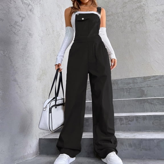 Pants for Women Solid Color Casual Wide-Leg Jumpsuit Adjustable Shoulder Strap Romper with Pockets