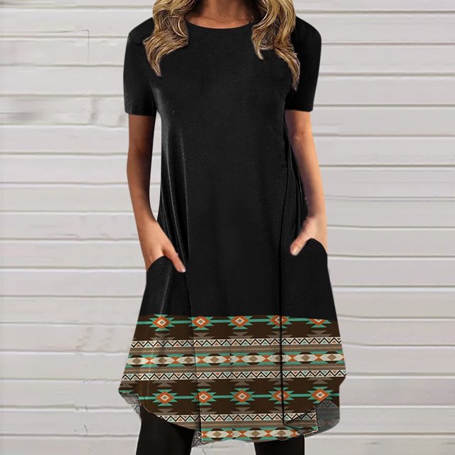 Robes pour Femmes 2024 Été Surdimensionné Décontracté Col Rond Imprimé Manches Courtes Robe avec Poche 50 % de Réduction!