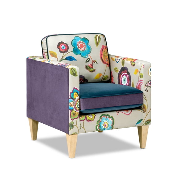 Mamba 28" Patchwork Accent Chair Teal-Blue Purple Velvet & Multicolored Floral