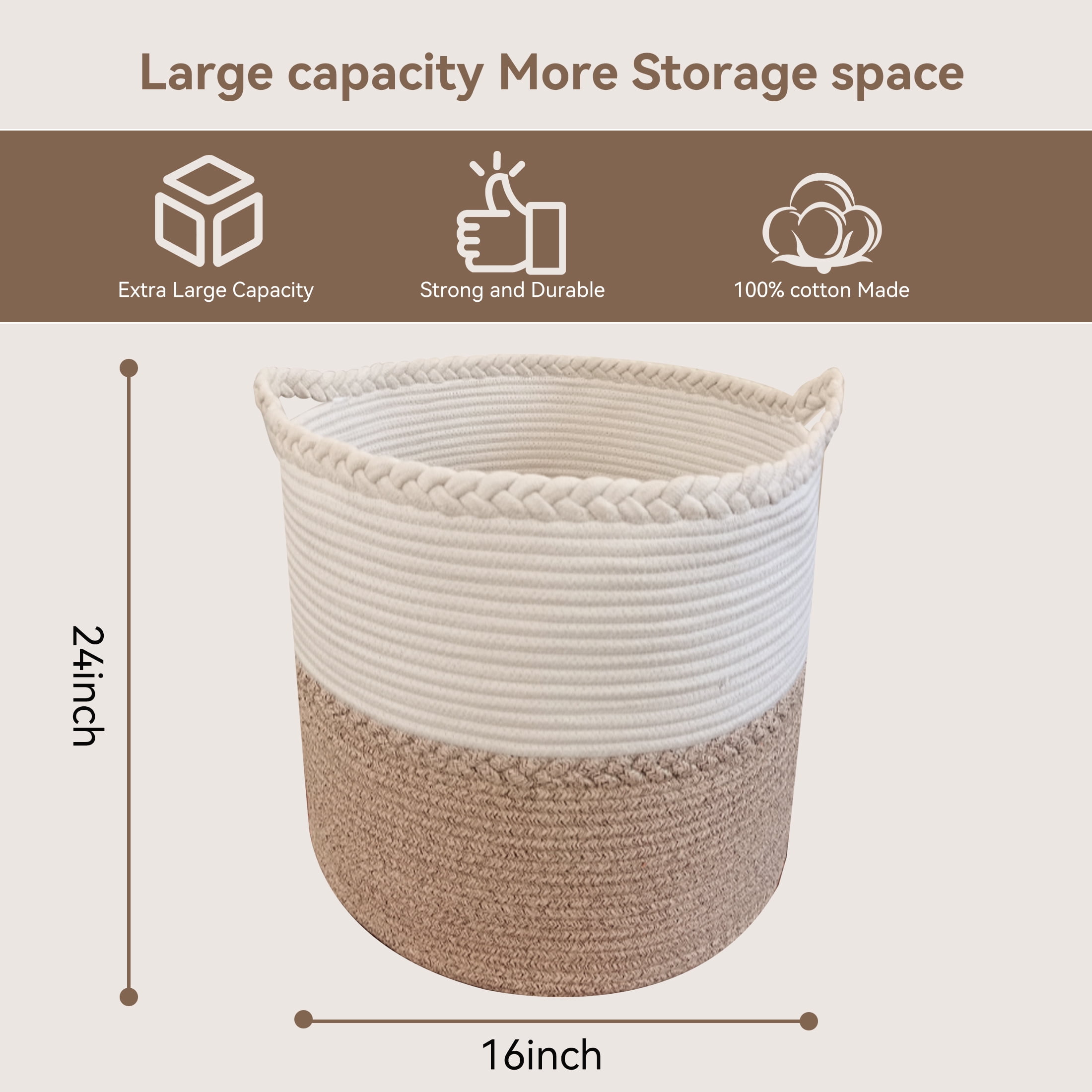 ORFELD 75L Large Cotton Rope Baskets for Storage,Woven Basket for Organizing, Blanket Basket Clothes Basket Laundry Hamper with Handles (16" x 24")