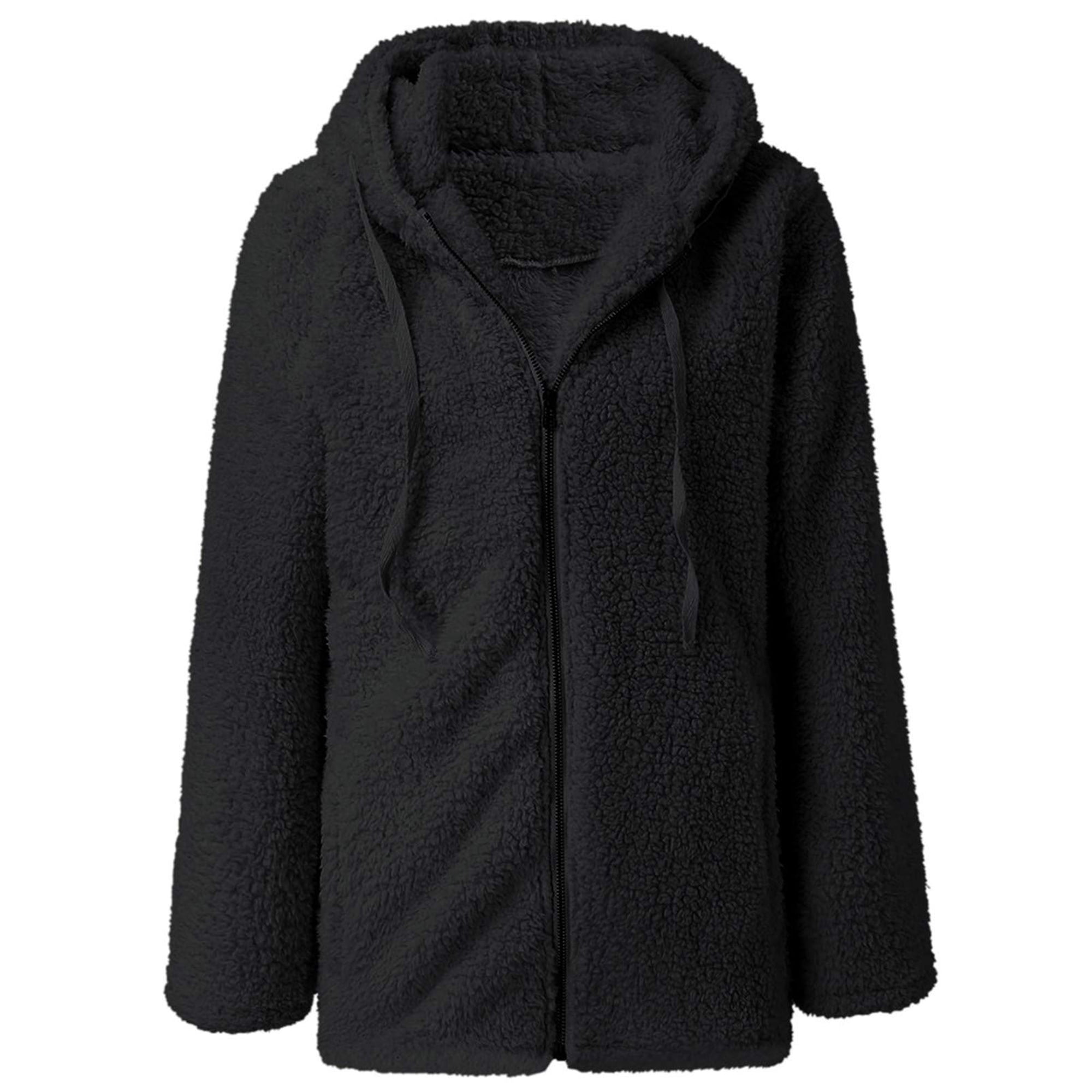 Bellella Women Casual Fluffy Fleece Jacket Long Sleeve Zip Up Hooded Sweatshirt Sherpa Coat Outerwear Pullover Hoodies Black S Black