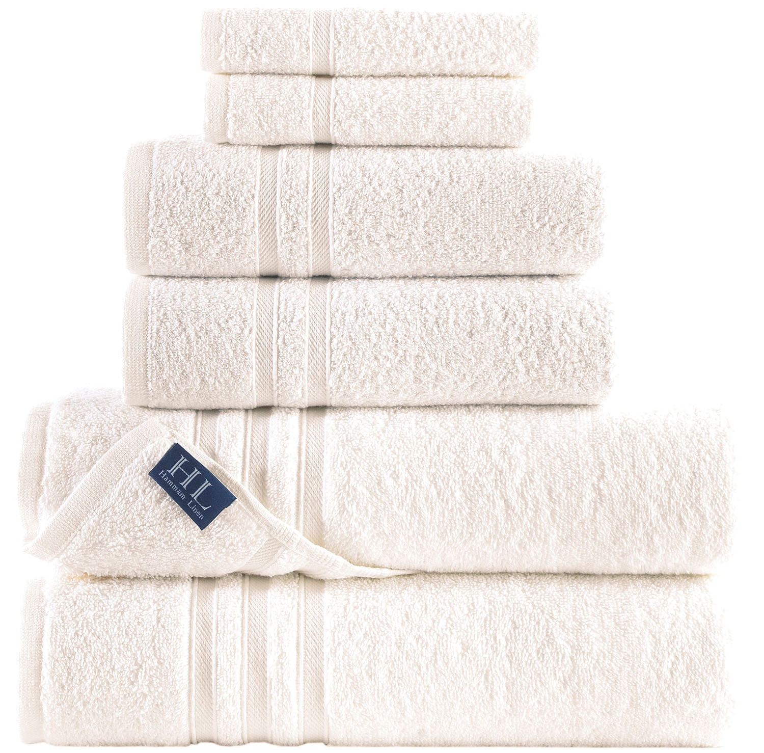 Hawmam Linen 6 Pack Bath Towels Set - Large, Soft, Absorbent, Quickdry, Low Lint Premium 100% Turkish Cotton Towels for Bathroom Sea Salt Cream Bathroom Set, 2 Washcloths, 2 Hand Towels, 2 Bath Towels