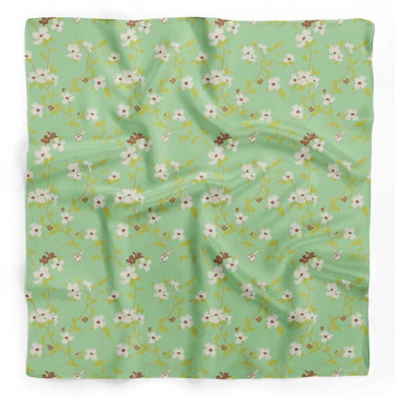 Bimba Green Leaves & White Flower Floral Printed Pure Silk Scarf For Hair Neck Head Bandanas For Women 40 x 80 Inches