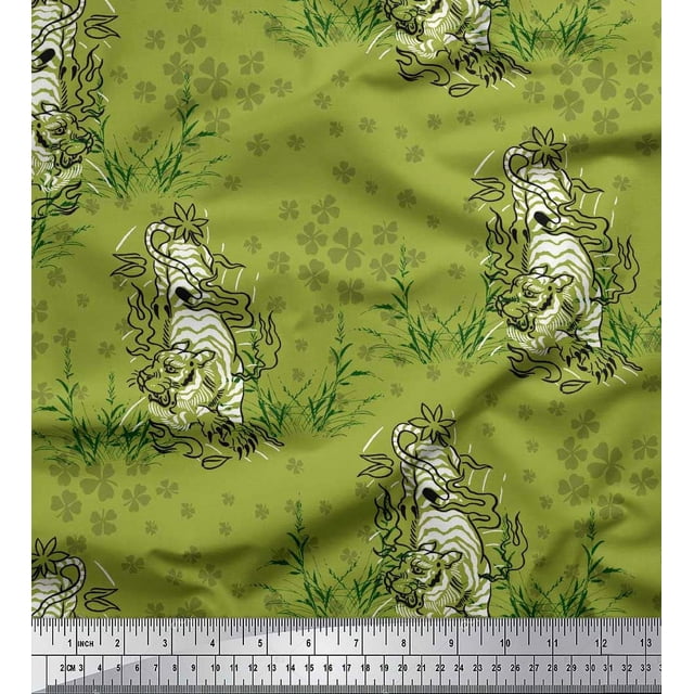 Soimoi Tissu Crêpe polyester Imprimé Trèfle Herbe & Lion au Mètre 42 Pouces de Large