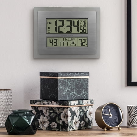 BETTER HOMES & GARDENS SILVER ATOMIC WALL/TABLE CLOCK WITH MOON PHASE & CALENDAR