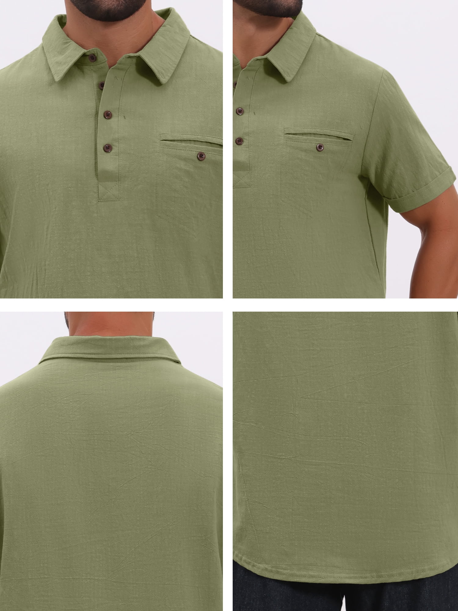 DARING DIVA Men's Linen Chest Pocket Short Sleeve Casual Hawaiian Shirts L Olive Green