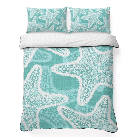 Quilts Twin XL Size Bedding Set, Turquoise Starfish Coastal Lightweight Quilted Comforter, Nautical Summer Ocean Soft Reversible Bedspread Coverlet with Pillow Covers for All Season, 68" x 98"