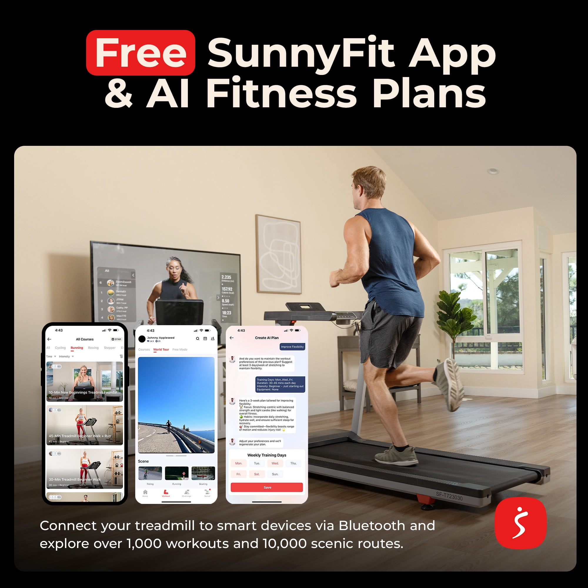Sunny Health & Fitness Smart Quiet Foldable Treadmill with a 20″ Wide Running Belt, 15% Max Auto Incline, & Performance Tracking via SunnyFit App