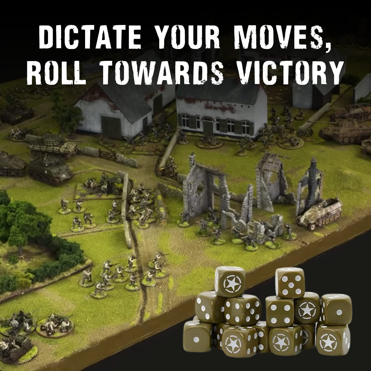 Wargames Delivered – Bolt Action Allied Star D6 Pack Contains 16 Order Dice, Olive Drab Color and Action & Numbers Inscribed with White, Digital Bundle – Wargame Dice by Warlord Games