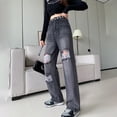 thumbnail image 1 of Pantalones vaqueros de mujer con agujeros deshilachados hasta los tobillos sueltos elegantes de verano para el tiempo libre, pierna ancha, cintura alta, Harajuku Y2K, pantalones retro de moda básicos, 1 of 6