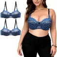 thumbnail image 2 of Feancey Plus Size Lace Bras for Women 2 Pack Floral Embroidery Underwire Bra Full Coverage Push Up Brassiere Adjustable Straps Minimizer Bras Blue L, 2 of 10