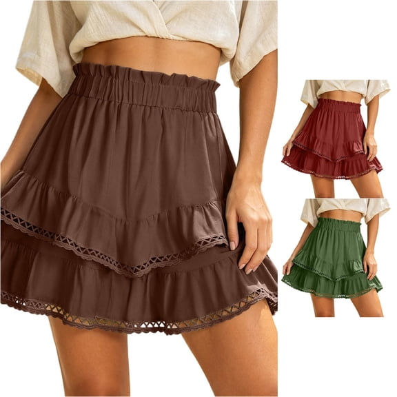 Wxolcjlv Women's Lace Tiered Mini Skirt Elastic Waist Flowy Silhouette Beach Casual Short Skirts