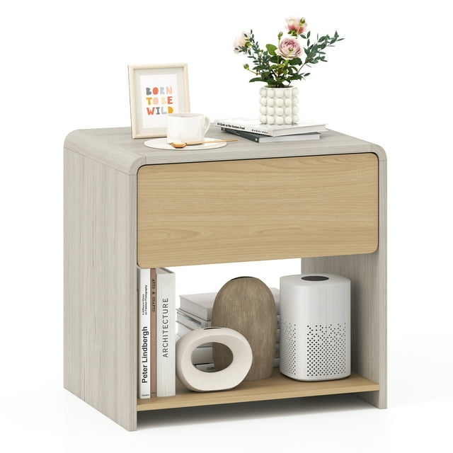 Gymax Modern Style Nightstand 2-Tier Sofa Side Bedside Table w/ Drawer & Open Shelf