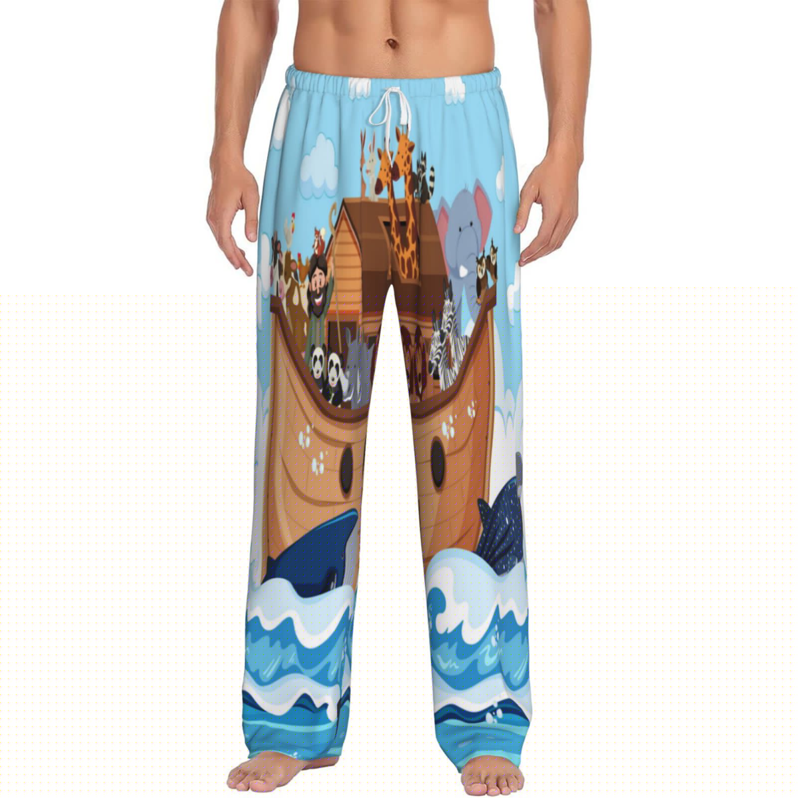 White, variant on Logiee Animals on Noah's Ark Print Pajama Pants for Men,Men’s Pajama Bottoms,Mens PJ Pants with Pockets & Button Fly-Large
