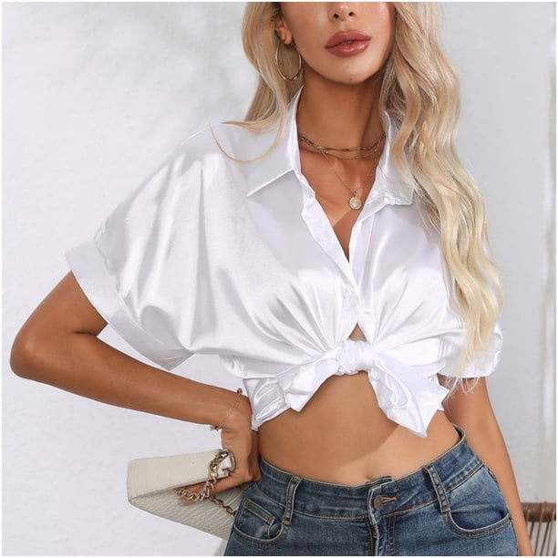 Fiudx Ofertas de La Semana Blusas y Blusas con Cuello En V de Color Sólido de Manga Corta Casual a La Moda para Mujer