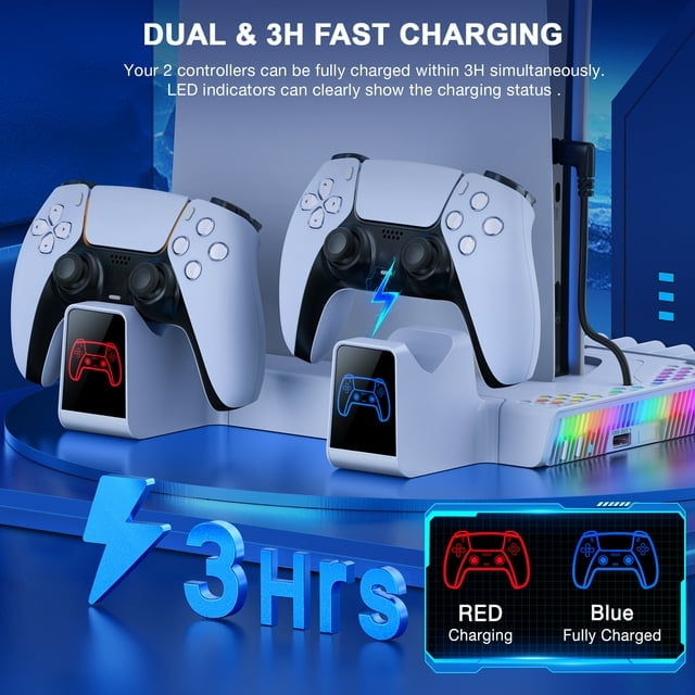 PS5 Stand Cooling Station for 2023 PS5 Slim,DinoFire PS5 Accessories with  Dual Controller Charging Station for PS5 Console-digital & disc  verdion,with Headset Holder,RGB Lights 