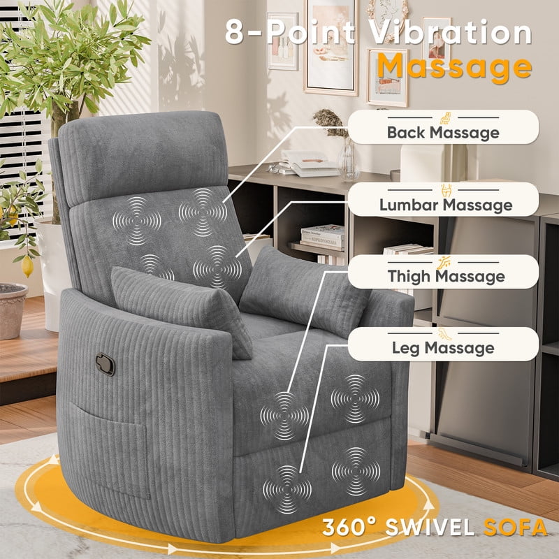 Homall 360° Swivel Nursery Recliner Power Swivel Rocker Recliner Chair with 2 Pillows Comfy High Back Adult Glider Rocker for Living Room,Corduroy Gray