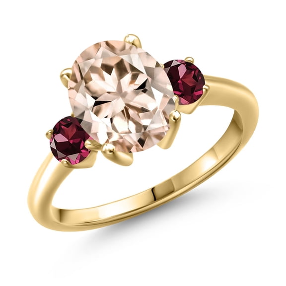 Gem Stone King 2.74 Ct Peach Morganite Red Rhodolite Garnet 18K Yellow Gold Plated Silver Ring (Size 5)