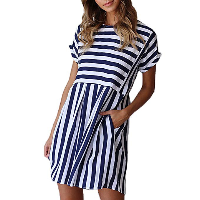 Women Striped Dress Casual Cute Short Sleeve O-Neck Mini Summer Dresses for  Women